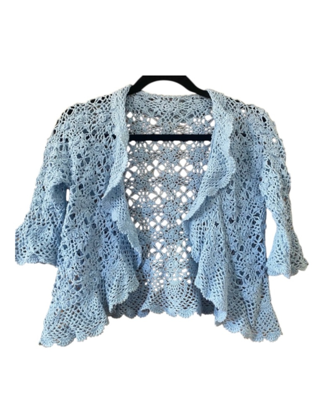 Baby Blue Crochet Lace Bolero Cardigan Bell Sleeve Floral Openwork XS S